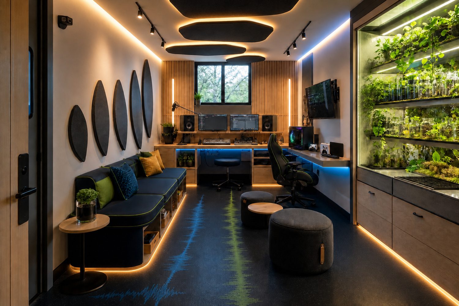Daylight production suite concept — living specimen wall of jarred plants, waveform floor, mix and writing positions
