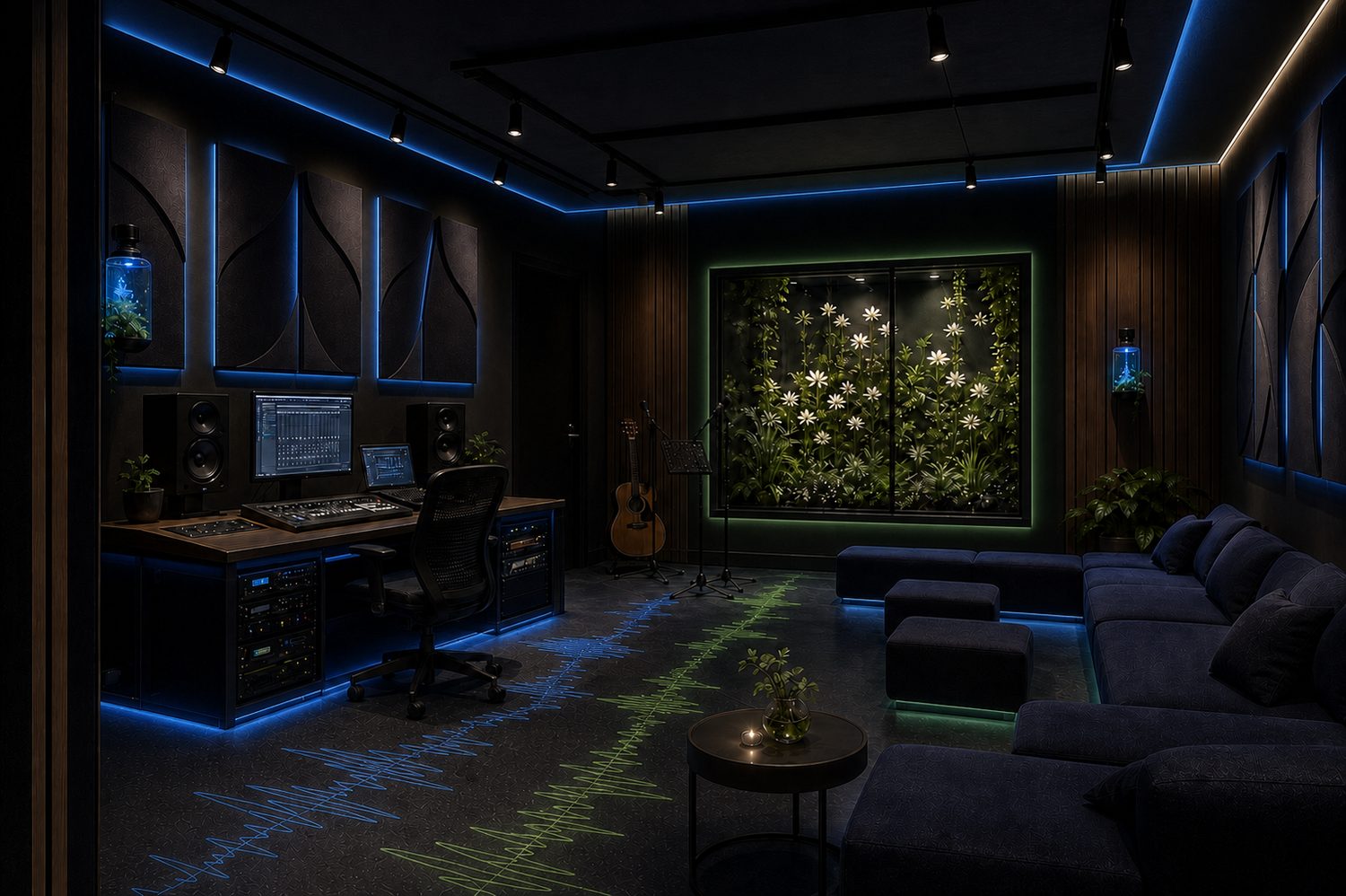 Night-bloom tracking room concept — illuminated flowering wall behind the live position, waveform floor