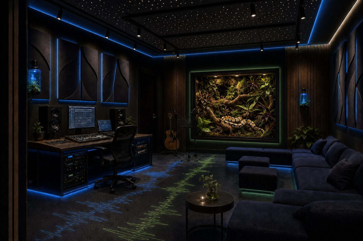 Vivarium listening room concept — illuminated terrarium wall, tracking corner with guitar and microphones, listening sofa