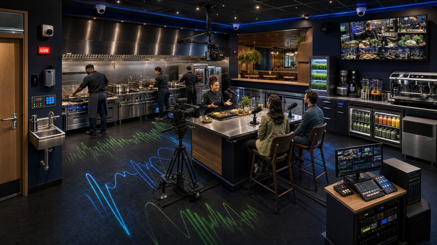 Broadcast kitchen concept — Boil Brothers culinary line running as a live Garden Frequencies broadcast, cameras and switching desk in frame