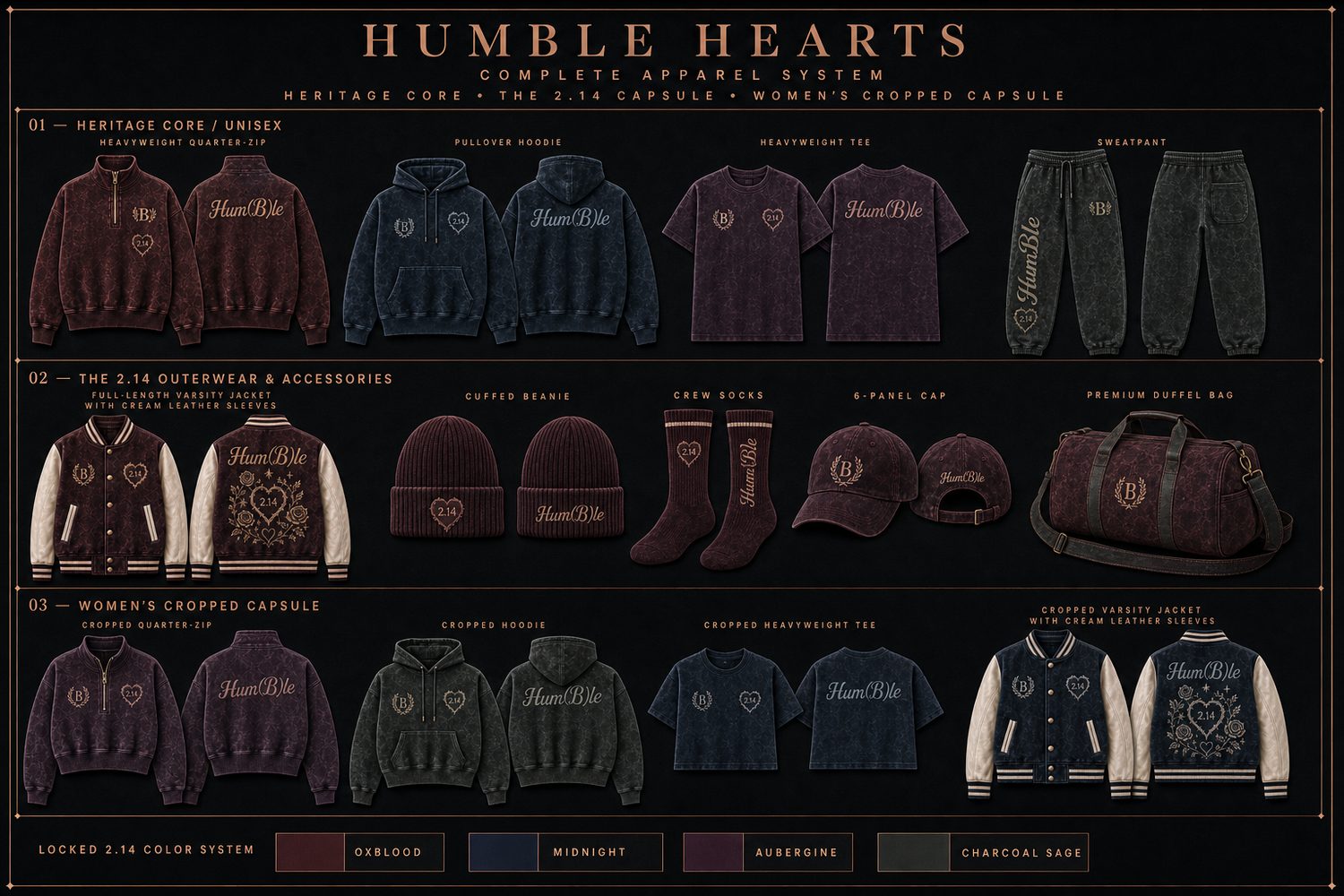HUMBLE HEARTS complete apparel system board — heritage core, 2.14 capsule and cropped capsule in the locked four-colour system