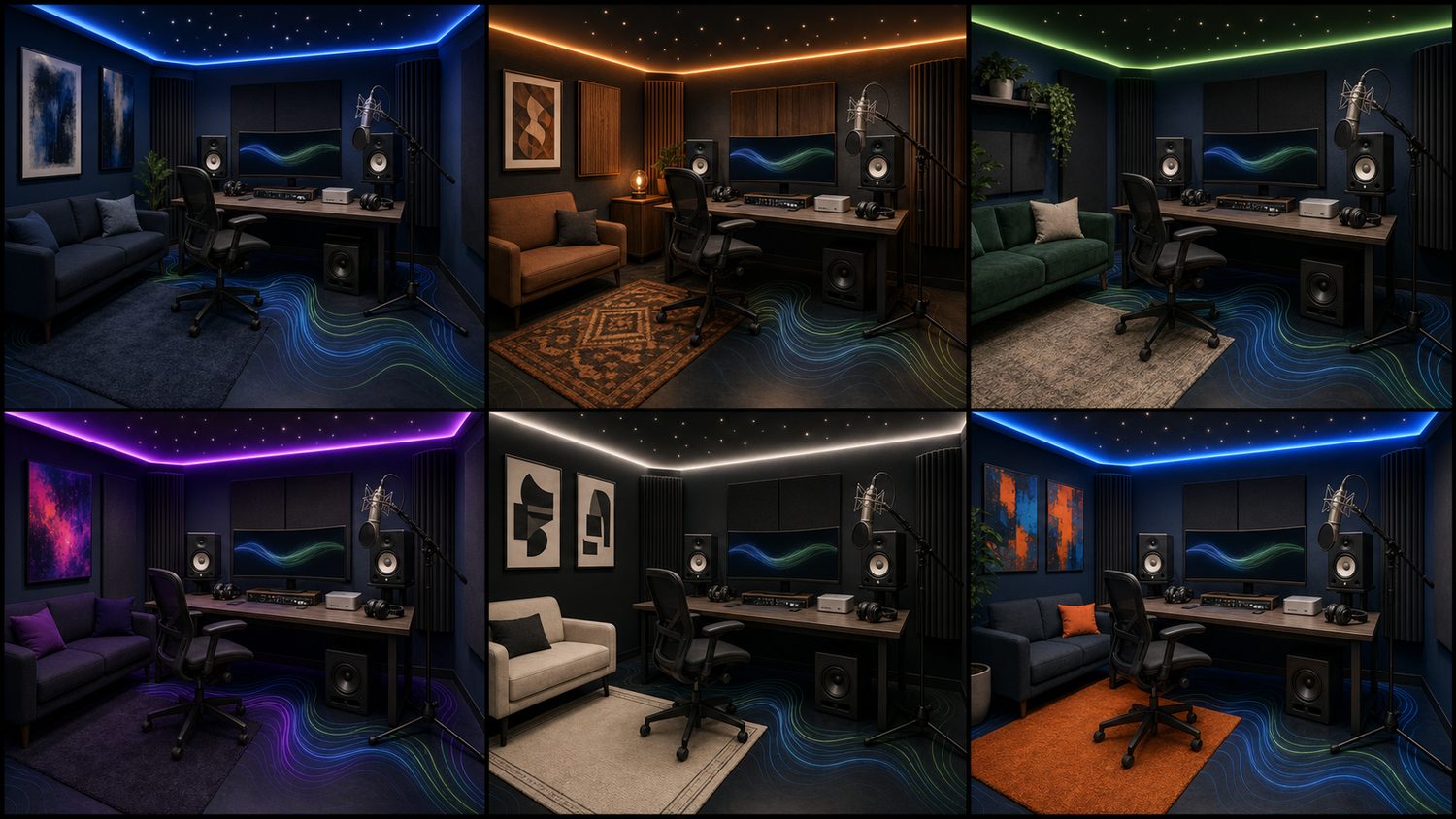 Writer room concept board — one room system in six accent colourways