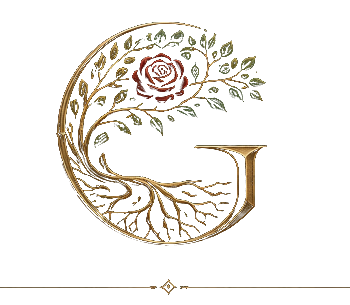 THE GARDEN monogram — a G of rose, foliage and roots