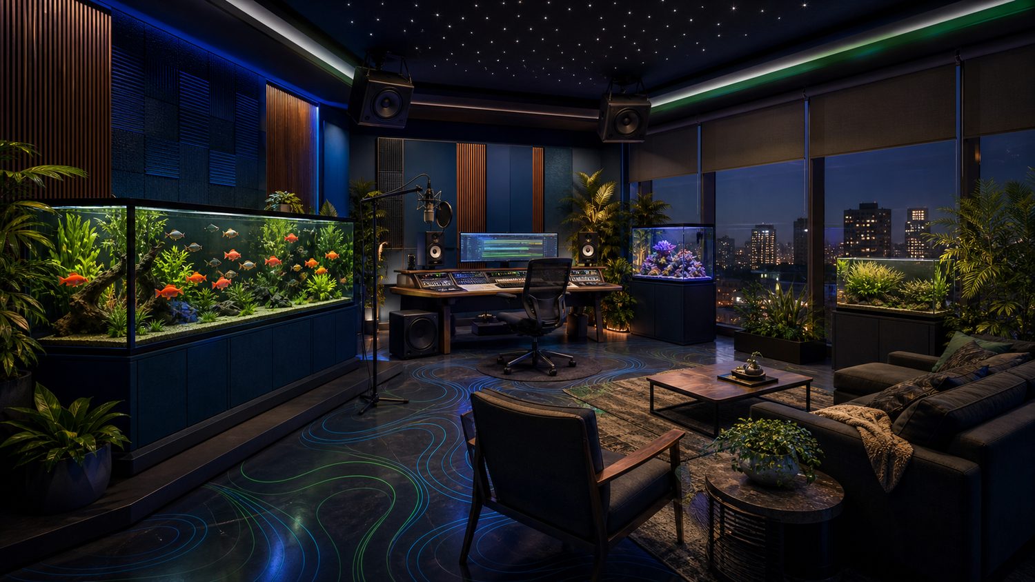 Studio 1A concept render — recording studio with planted aquarium gardens, frequency-wave epoxy floor and starlight ceiling, city skyline beyond the glass